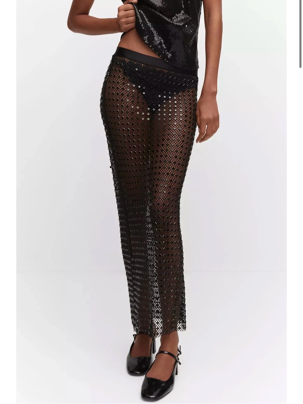 MANGO Rhinestone Mesh Skirt Black Sparkly Sheer Midi Party Festival Size M